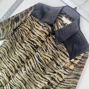 Cache Y2K 90’s 80s Mob Wife Luxury Money Tiger Print Silk Leather Trim Blouse 8
